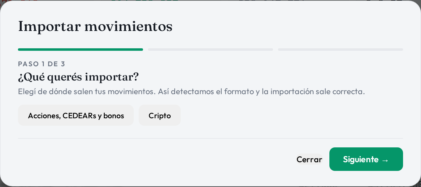 El importador de movimientos de Senta, eligiendo entre activos tradicionales y cripto